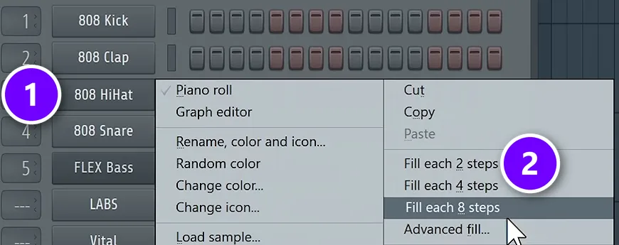 FL Studio Channel Rack right-click menu on the 808 HiHat channel (1) with Fill each 2 steps (2) numbered