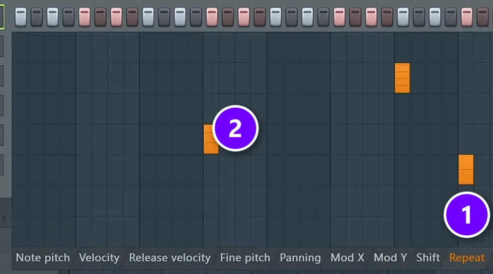 FL Studio graph editor under the Channel Rack with the Repeat tab (1) and a raised repeat bar (2) that makes a hi-hat roll