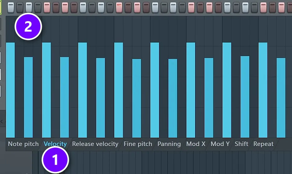 FL Studio graph editor Velocity tab (1) with every other hi-hat pulled lower (2)
