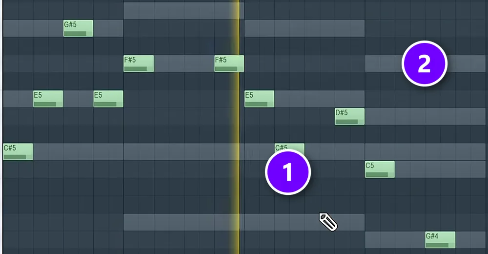 FL Studio Piano Roll with green melody notes (1) over the grey ghost notes of the chords (2)