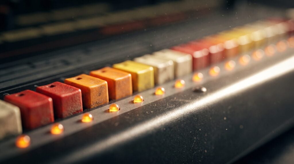 Macro photo of a vintage drum machine's red, orange, yellow and cream step buttons with small amber lights glowing in front of them