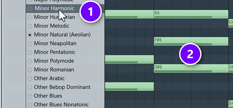 FL Studio Piano Roll scale menu with Minor Harmonic (1) highlighted next to a chord loop (2)
