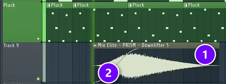 FL Studio Playlist with a downlifter FX clip on its own track (1) and its fade-in curve (2)