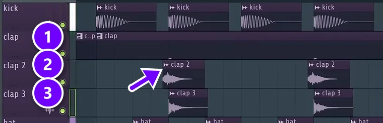 FL Studio Playlist with three clap layers: clap (1), clap 2 starting just before the beat (2) and clap 3 (3)