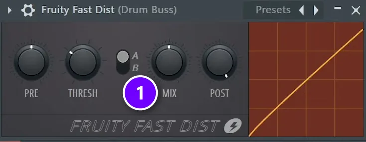 Fruity Fast Dist on a drum bus with its MIX knob (1) at about halfway