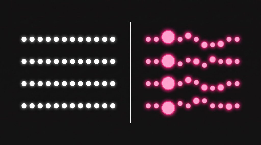 Split illustration: a rigid grid of identical dots on the left and the same dots in different sizes and slightly swung on the right, like drums with swing and velocity