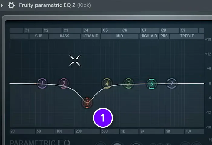 Fruity Parametric EQ 2 on a kick with a deep bell cut in the low mids (1)