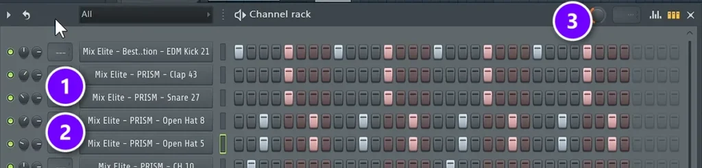FL Studio Channel Rack with a clap and snare layered (1), two open hats layered (2) and the swing knob (3)