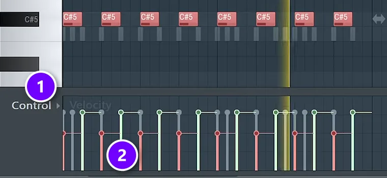 FL Studio Piano Roll with the Velocity control lane (1) and selected notes lowered with Alt and scroll (2)