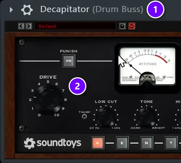 Soundtoys Decapitator loaded on the Drum Buss (1) in FL Studio with the Drive knob (2) numbered