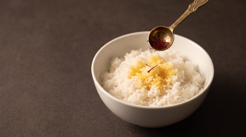 A tiny brass spoon dropping a few saffron threads into a bowl of white rice that turns golden only where one thread landed, like a small dose of saturation