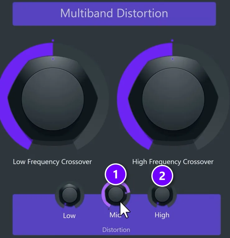 Mix Elite Multiband Distortion preset in Patcher with the Mid (1) and High (2) distortion knobs numbered