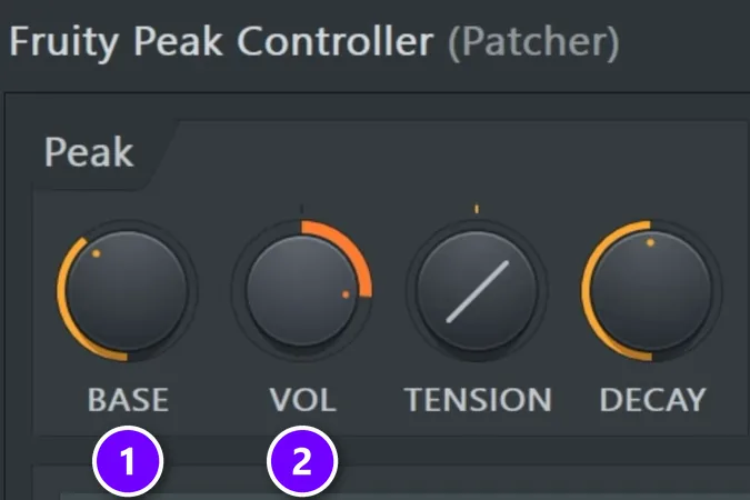 Fruity Peak Controller inside Patcher with the BASE (1) and VOL (2) knobs numbered