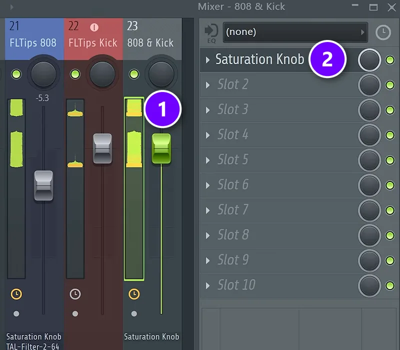 FL Studio Mixer with the 808 & Kick group track (1) and Saturation Knob in its first effect slot (2) numbered