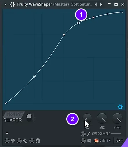 Fruity WaveShaper on the master with the Soft saturation curve (1) and the PRE knob (2) numbered