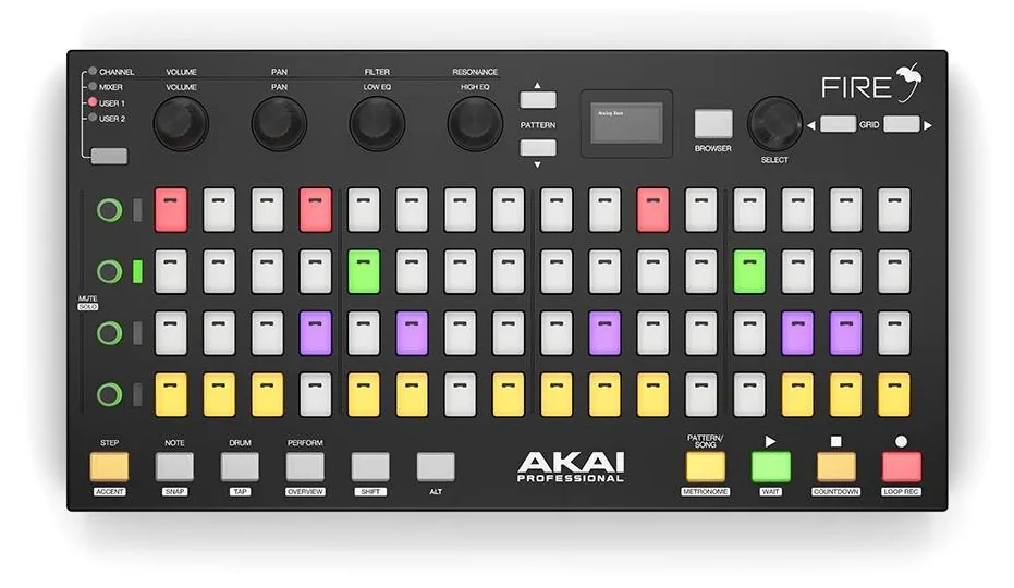 Akai Fire controller for FL Studio with 64 colored pads in a 4 by 16 grid, four knobs and an OLED screen