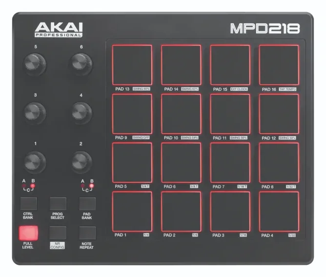 Akai MPD218 pad controller with 16 MPC pads and 6 knobs, seen from above