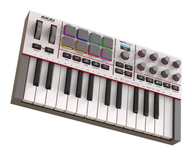 Akai MPK Mini IV MIDI keyboard with 25 mini keys, 8 colored pads and 8 knobs