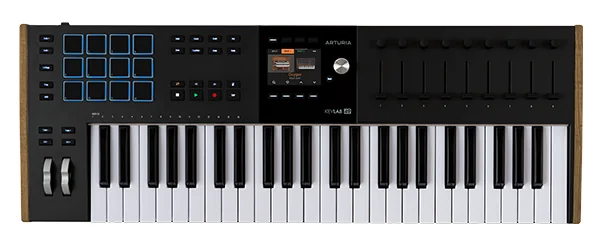 Arturia KeyLab 49 mk3 MIDI keyboard in black with wooden end panels, 12 pads, 9 faders and a color screen
