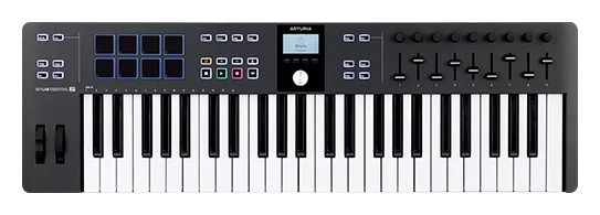 Arturia KeyLab Essential 49 mk3 MIDI keyboard in black with 8 pads, 9 knobs, 9 faders and a small screen