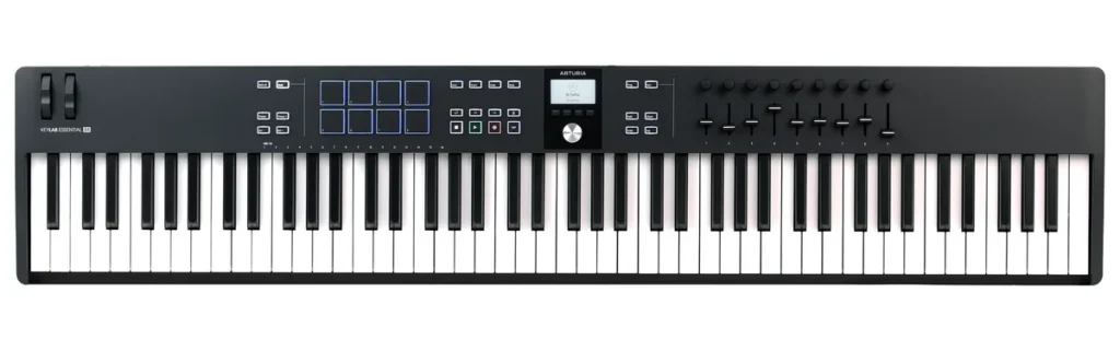 Arturia KeyLab Essential 88 mk3 MIDI keyboard in black with 88 keys, pads and faders