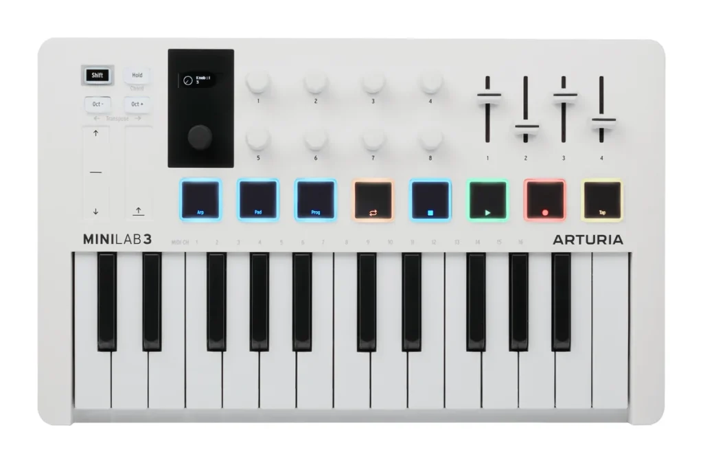 Arturia MiniLab 3 MIDI controller in white with 8 pads, 8 knobs and 4 faders