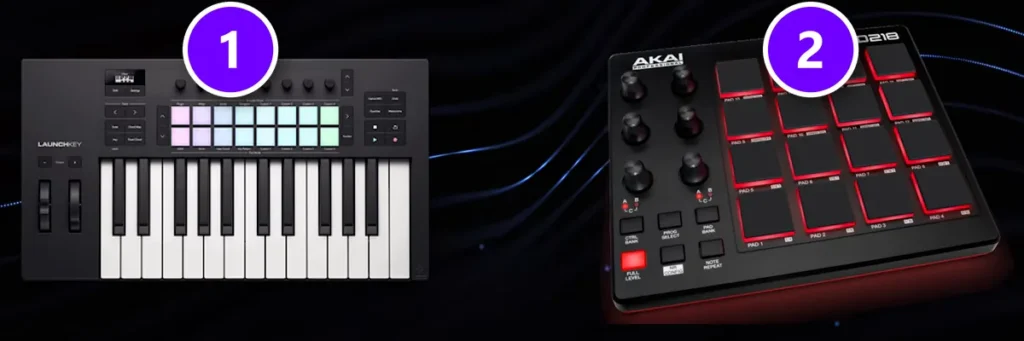 Frame from Mix Elite's gear video showing a keyboard MIDI controller (1) and an Akai MPD218 pad controller (2)