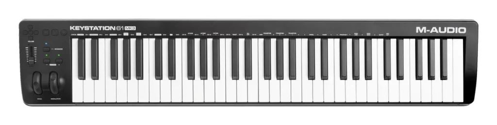 M-Audio Keystation 61 MK3 MIDI keyboard with 61 full-size keys, pitch and mod wheels, seen from above