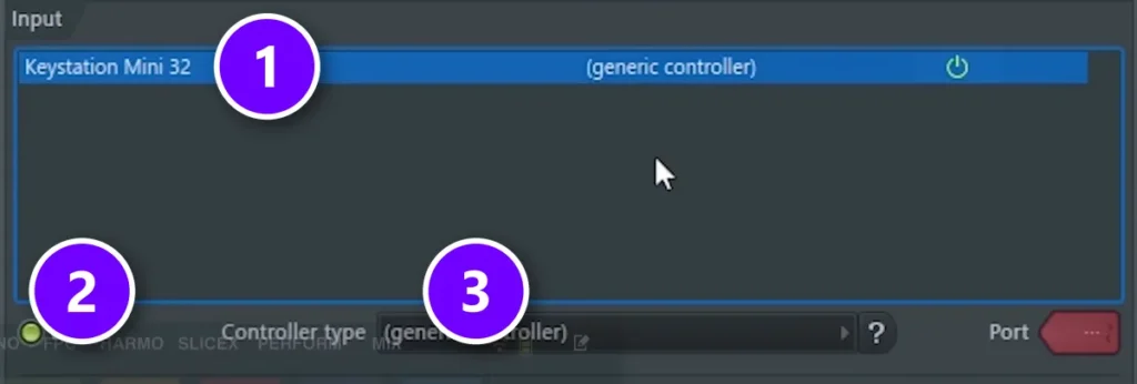 FL Studio MIDI settings Input list with a Keystation Mini 32 controller (1), the Enable switch (2) and Controller type (3) numbered