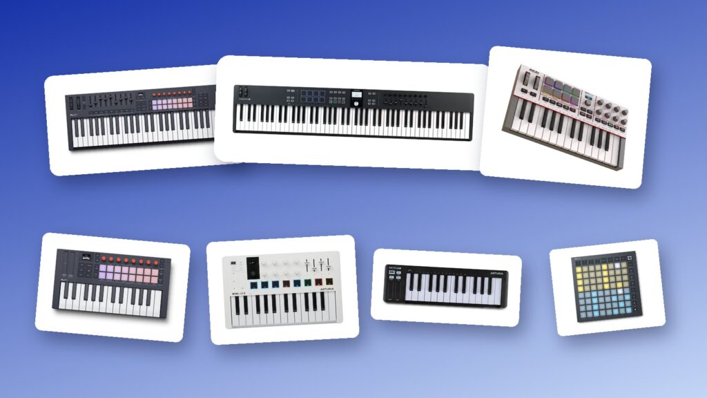Collage of seven of the MIDI controllers on this list as tilted cards on a cobalt blue background, product photos by Akai Professional, Arturia and Novation