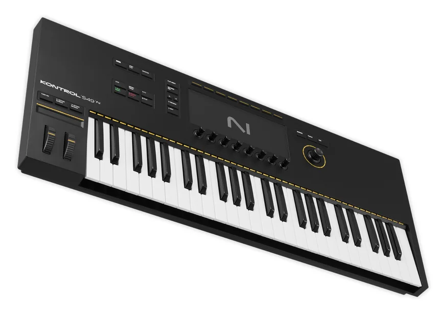 Native Instruments Kontrol S49 MK3 MIDI keyboard with 49 keys and a large color screen, seen at an angle