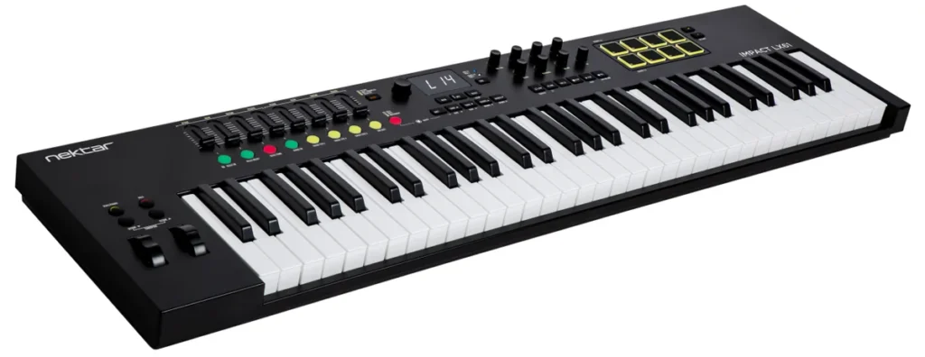 Nektar Impact LX61 mk3 MIDI keyboard with 61 keys, 8 faders, 9 knobs and 8 pads, seen at an angle