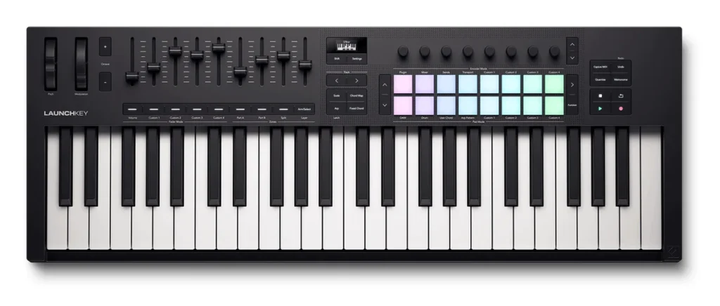 Novation Launchkey 49 MK4 MIDI keyboard with 49 keys, 9 faders, 8 knobs and 16 lit pads
