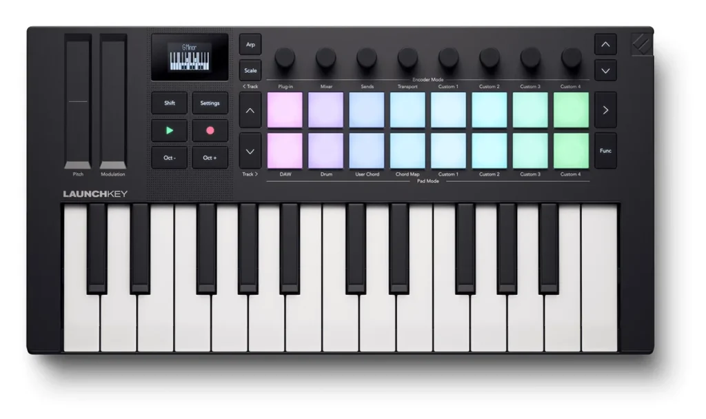 Novation Launchkey Mini 25 MK4 MIDI keyboard with 25 mini keys, 16 lit pads, 8 knobs and an OLED screen