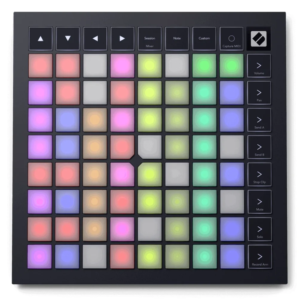 Novation Launchpad X grid controller with 64 lit pads in an 8 by 8 grid, seen from above