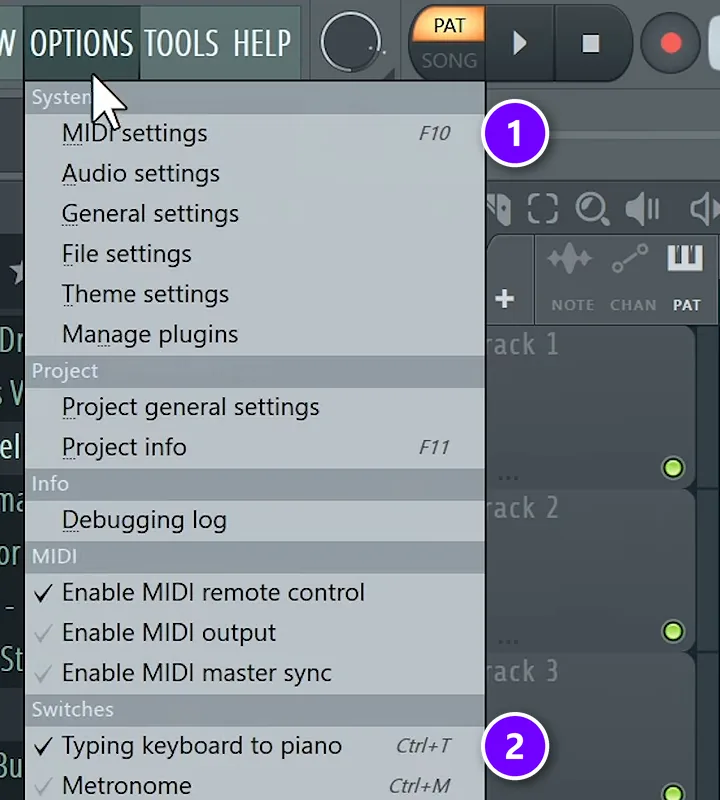 FL Studio Options menu with MIDI settings (1) and Typing keyboard to piano (2) numbered