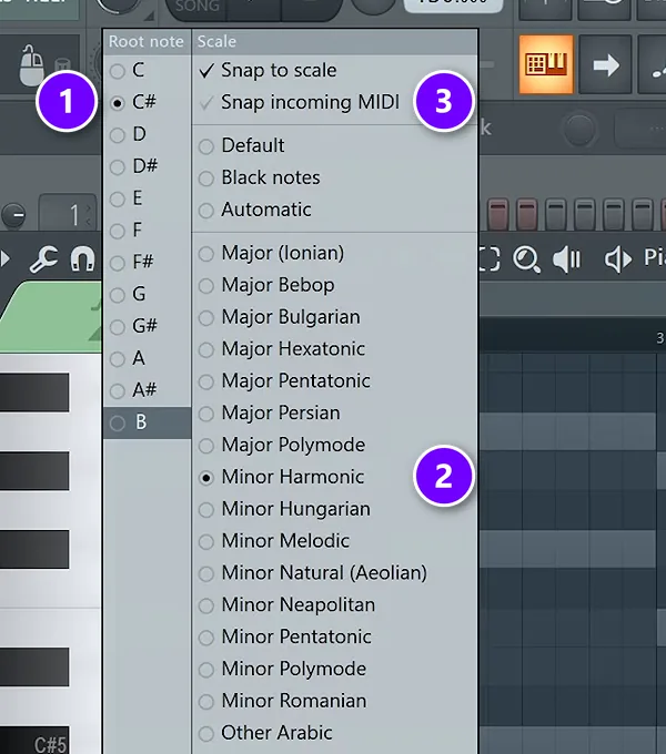 FL Studio Piano roll scale menu with the root note C# (1), Minor Harmonic (2) and Snap incoming MIDI (3) numbered