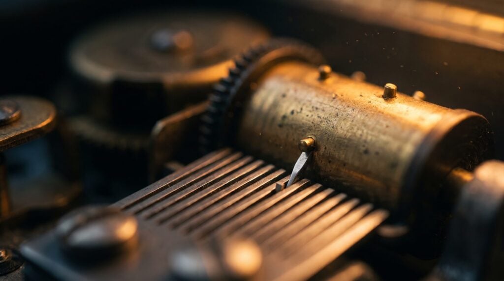 Close-up of a music box mechanism: a brass pin on the turning cylinder plucks one steel tooth of the comb in warm amber light, a melody played one note at a time