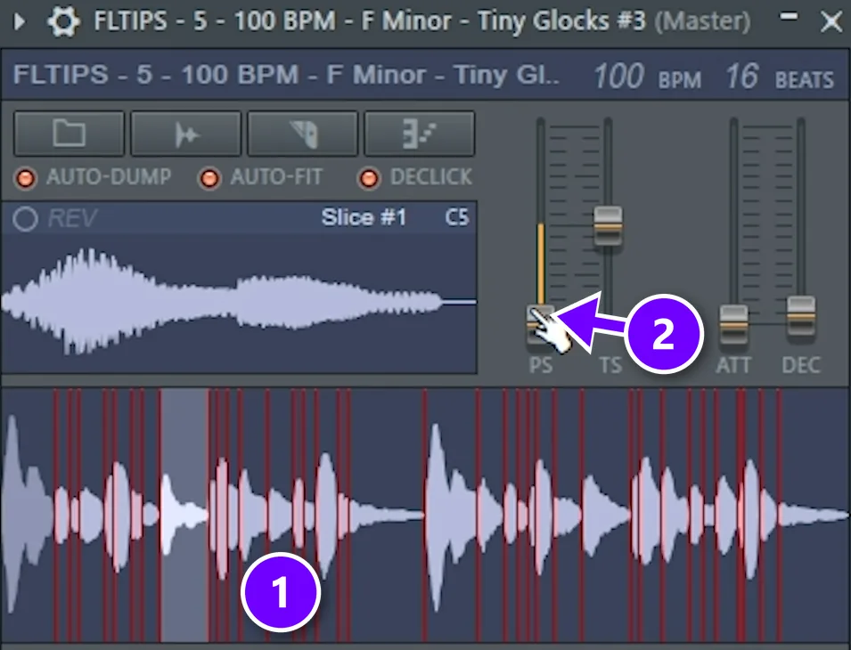 Fruity Slicer in FL Studio with a 100 BPM F minor glock loop cut into slices (1) and the PS pitch slider pulled down (2)