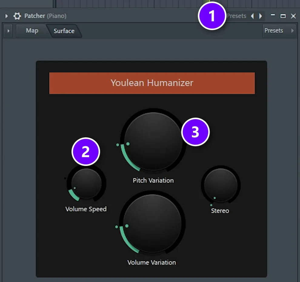 FL Studio Patcher with the Youlean Humanizer preset on the Surface tab: Presets menu (1), Volume Speed turned down (2) and Pitch Variation (3)