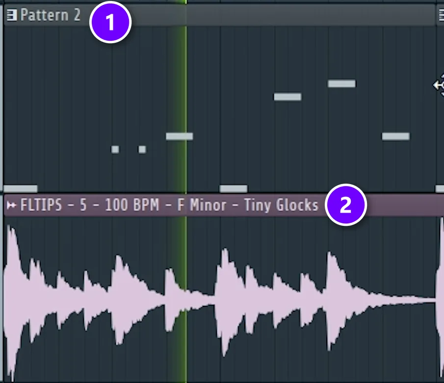FL Studio Playlist with the new Fruity Slicer pattern (1) layered above the original glock loop (2)