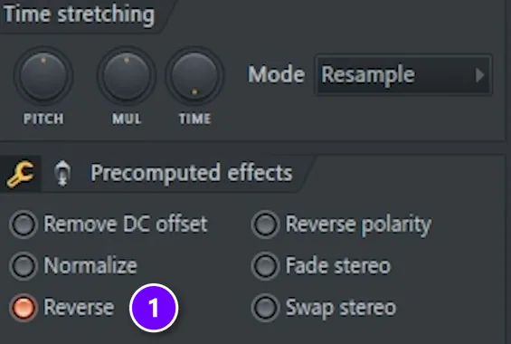 FL Studio audio clip channel settings with Reverse (1) turned on under Precomputed effects