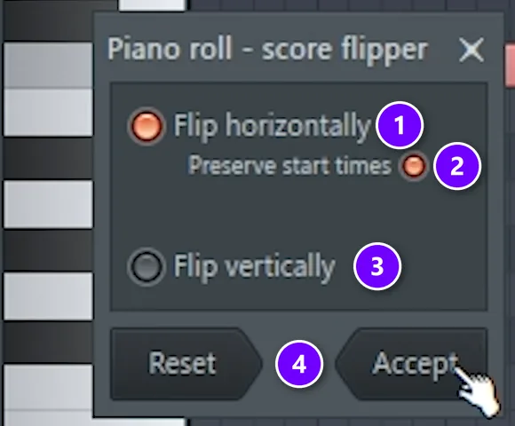 FL Studio Piano Roll score flipper with Flip horizontally on (1), Preserve start times on (2), Flip vertically off (3) and Accept (4) numbered
