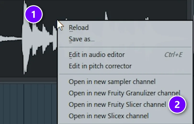 FL Studio audio clip waveform (1) right-clicked, with Open in new Fruity Slicer channel (2) in the menu