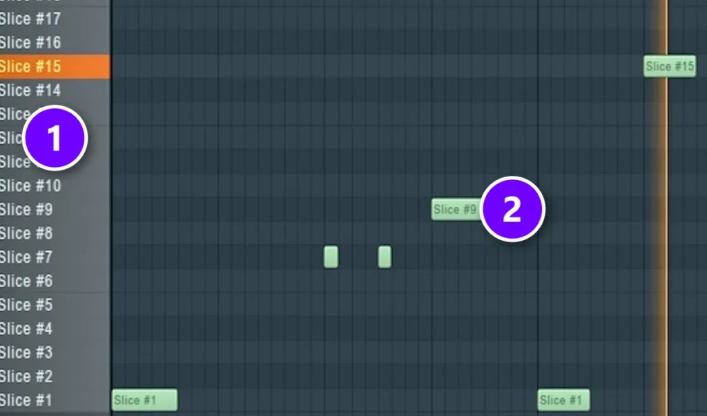FL Studio Piano Roll for Fruity Slicer with one row per slice (1) and a new melody drawn on slices such as Slice 9 (2)
