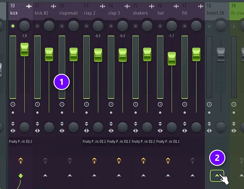 FL Studio Mixer with the drum tracks selected (1) and the routing arrow of an empty track about to be Ctrl-clicked (2)