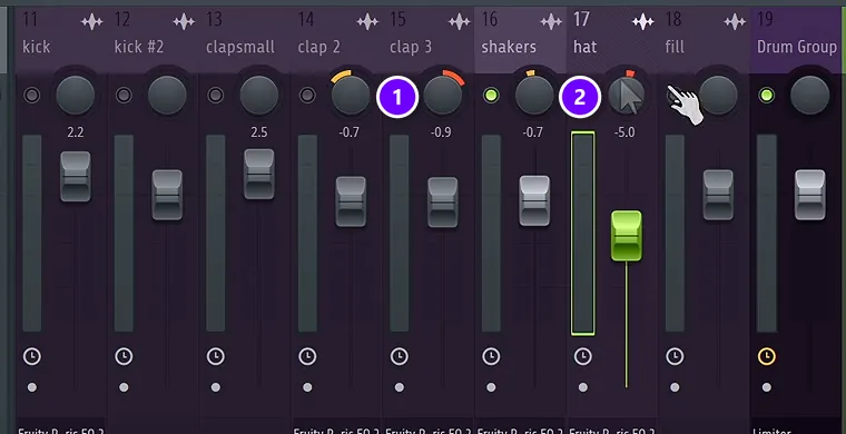 FL Studio Mixer pan knobs with two clap layers panned apart (1) and the shaker and hat panned to opposite sides (2)