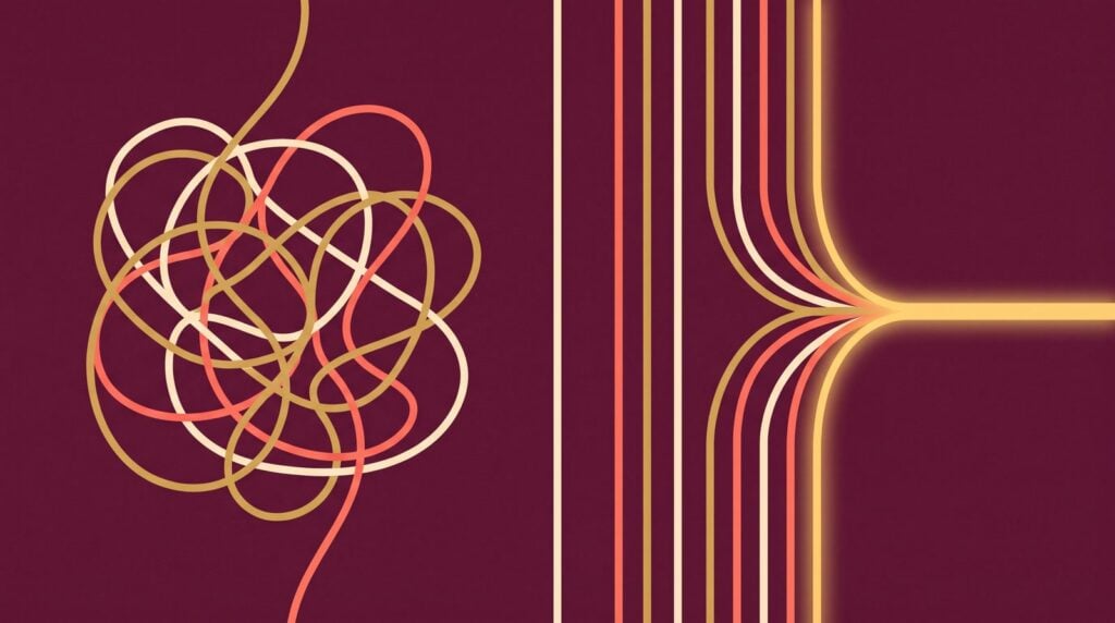 Split illustration: eight tangled lines on the left and the same lines merging neatly into one thick line on the right, like routing every drum to one drum bus