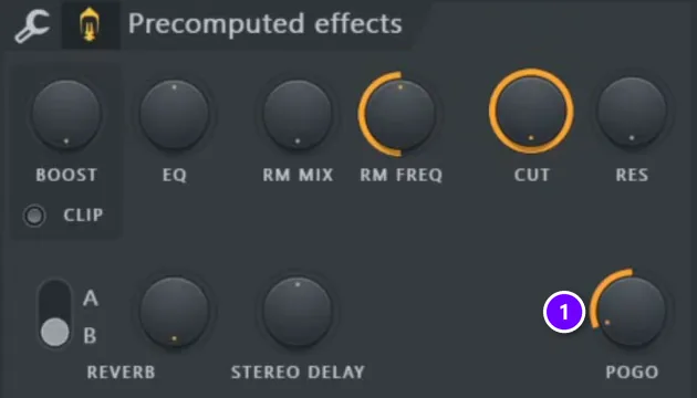 FL Studio sampler channel settings with the Precomputed effects section and the POGO knob numbered 1