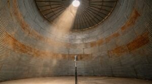 A single vintage microphone on a stand at the bottom of a huge empty steel grain silo, with daylight falling through a round opening in the roof